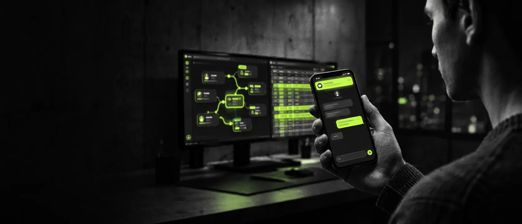 Celular con una conversación de respuesta automática en verde lima y, detrás, un monitor con un flujo de automatización conectado a una planilla