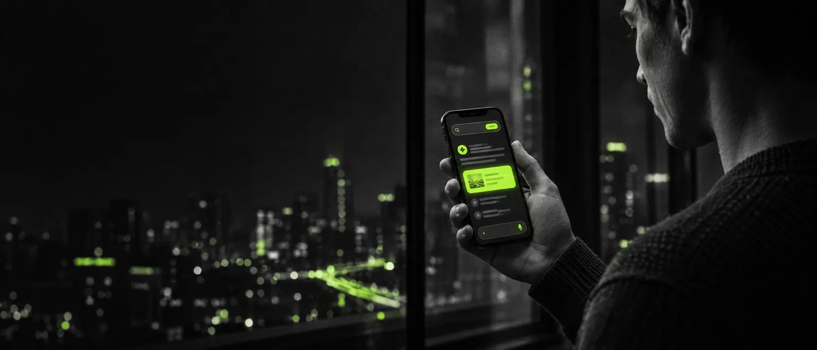 Persona frente a un ventanal de noche sobre la ciudad mirando en su celular un resultado de búsqueda y una respuesta de IA destacados en verde lima