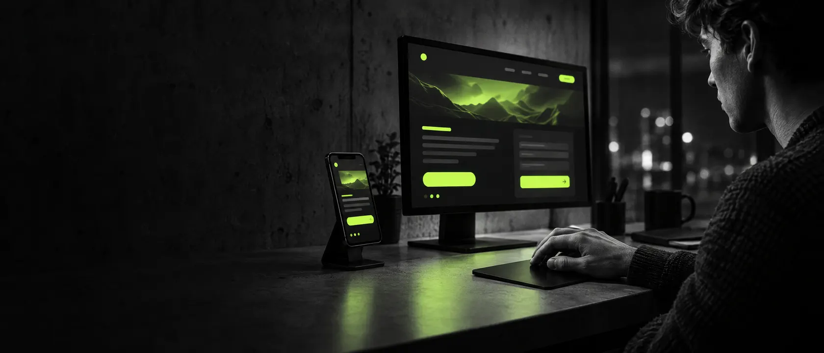 Escritorio de diseño de noche con una landing page en el monitor y su versión móvil en un celular, con el botón de contacto destacado en verde lima