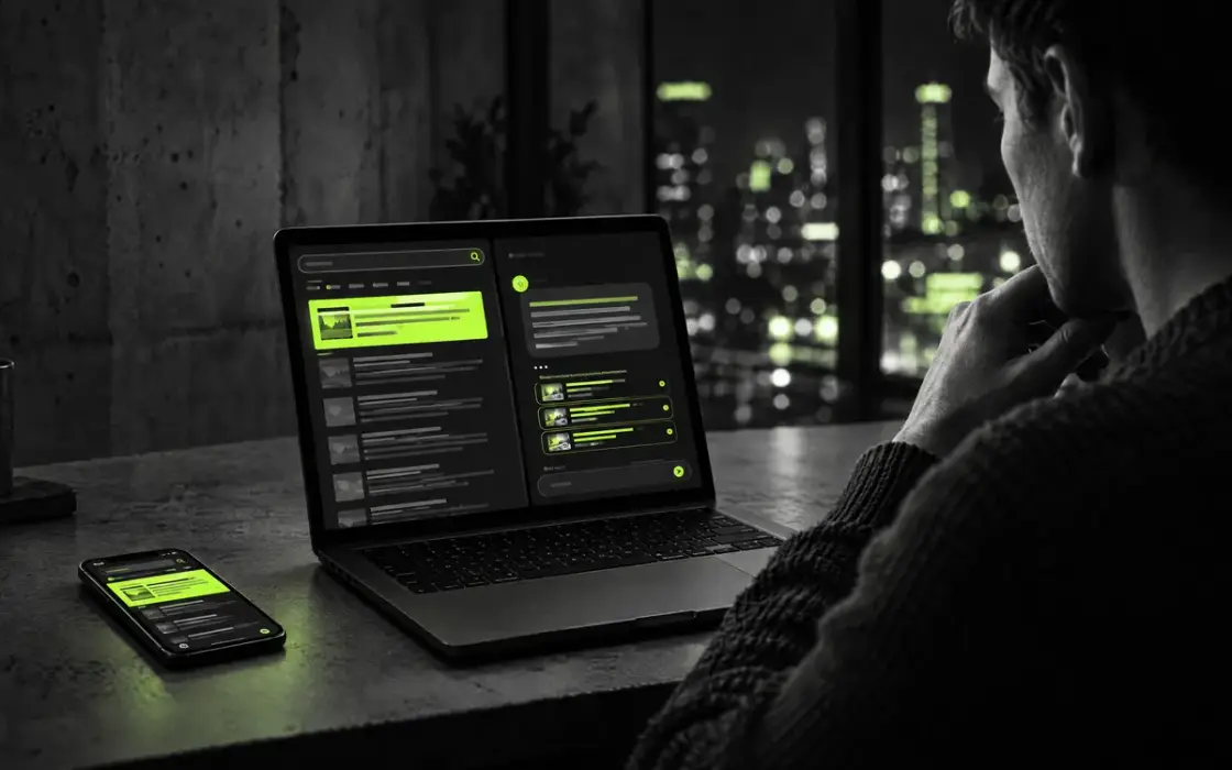 Persona revisando de noche un resultado de búsqueda y una respuesta de IA destacados en verde lima